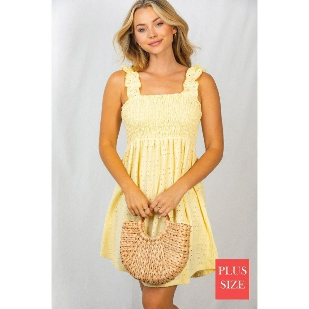 WHITE BIRCH Pale Yellow Eyelet Smocked Stretchy Dress PLUS SIZED D73202P sale!